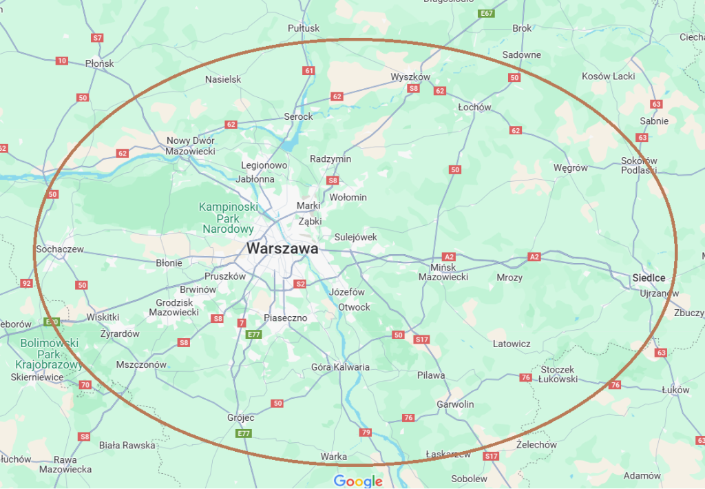 Mapa obszaru działania - Deszczowy Ogród świadczy usługi nawadniania ogrodów w Warszawie i okolicach